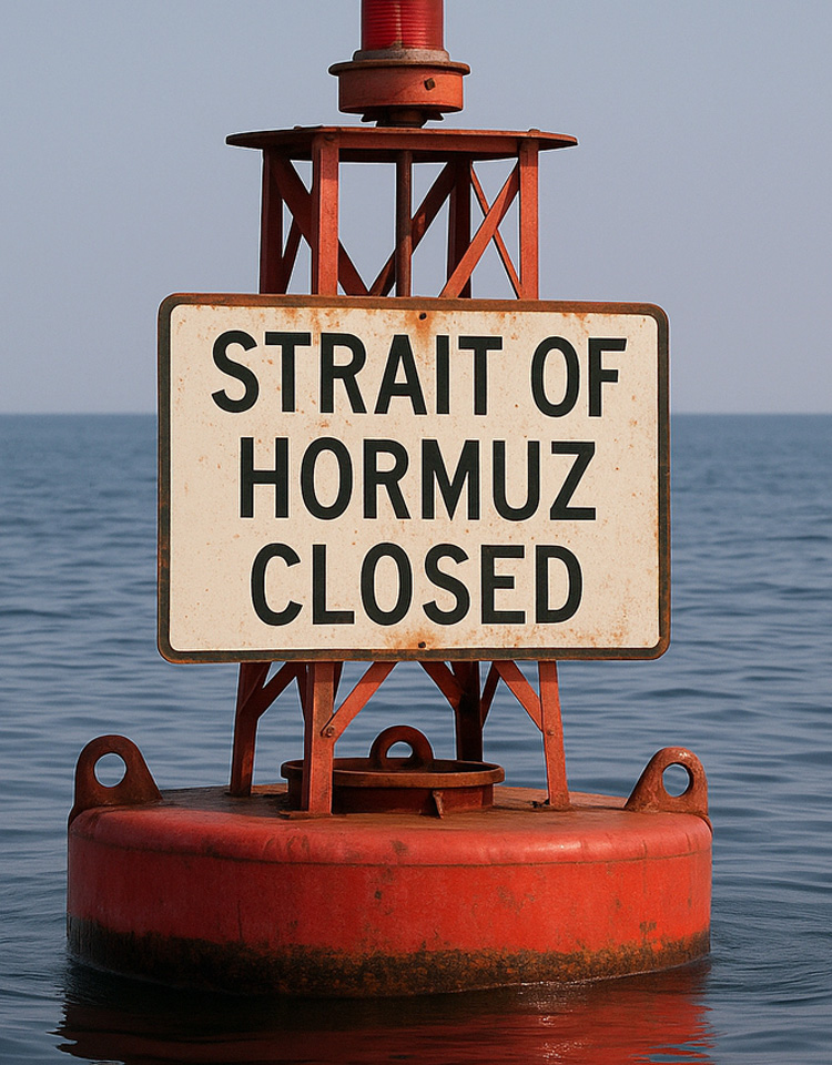 Strait of Hormuz closed sign floating on water